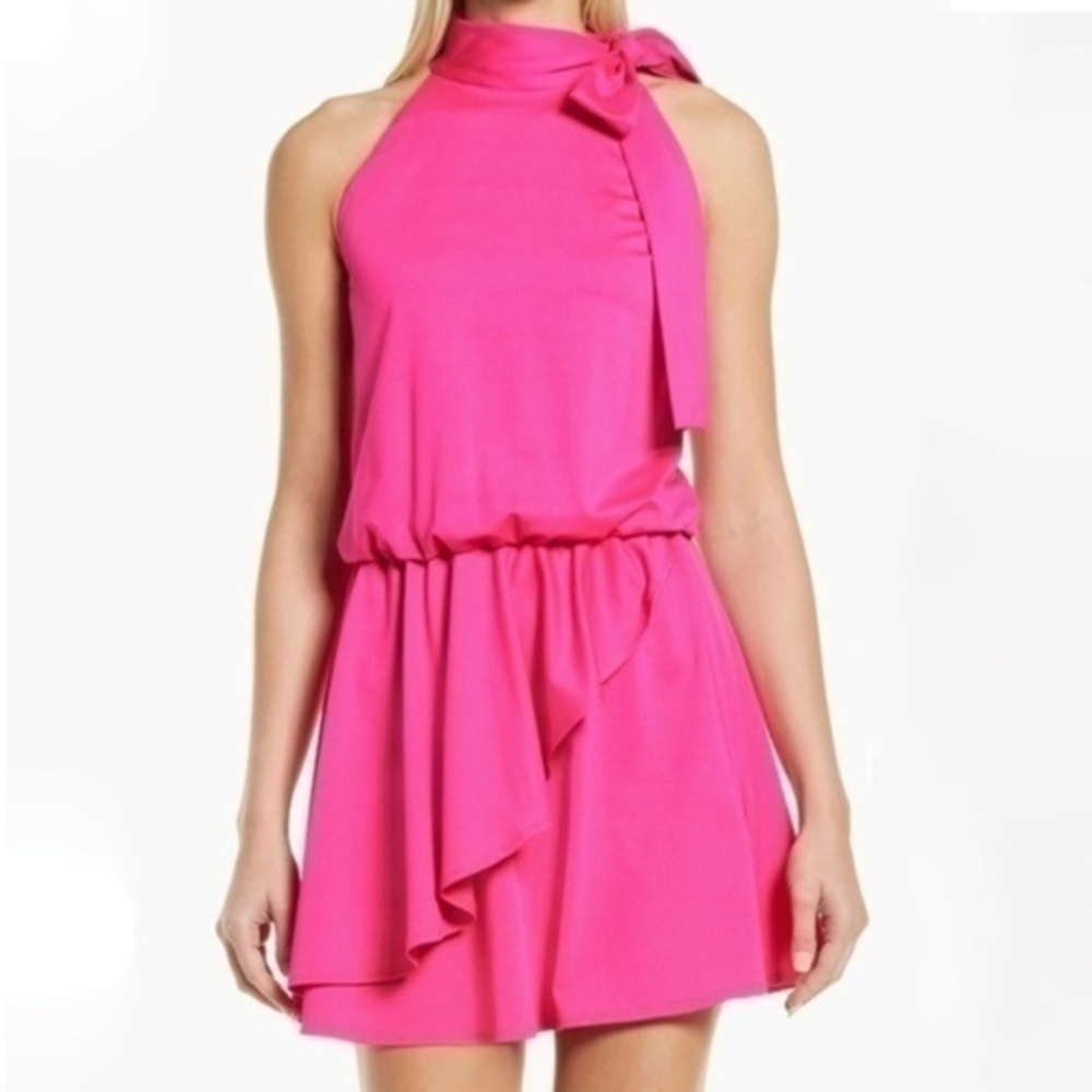 Black Halo. Pike High Neck Drape Front Mini Dress.